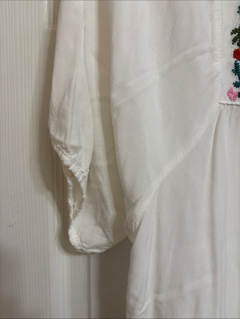 White Embroidered Mini Dress with Multicolor Floral Yoke and Contrast Hem - Picture 4 of 11